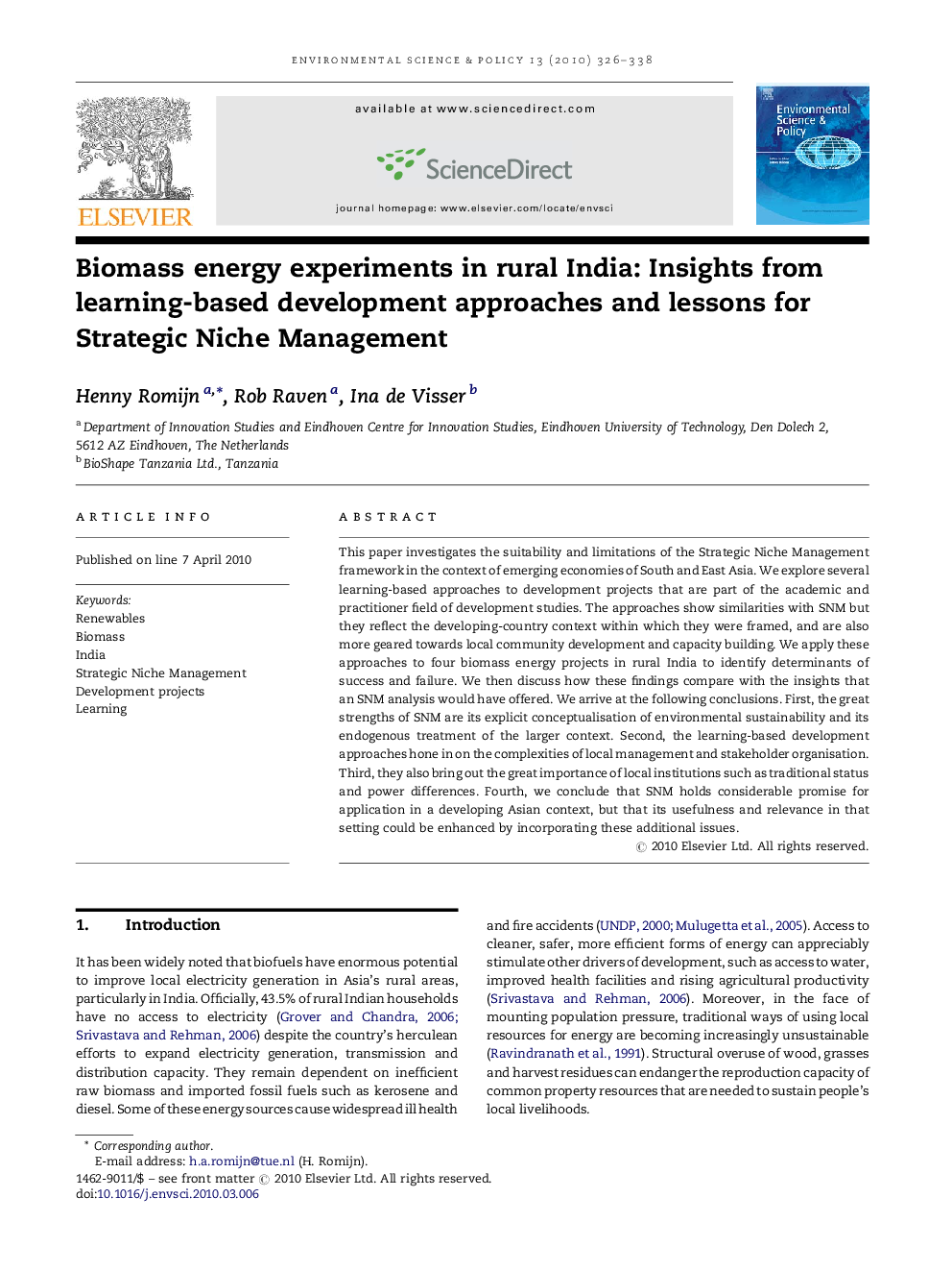 Biomass energy experiments in rural India: Insights from learning-based development approaches and lessons for Strategic Niche Management