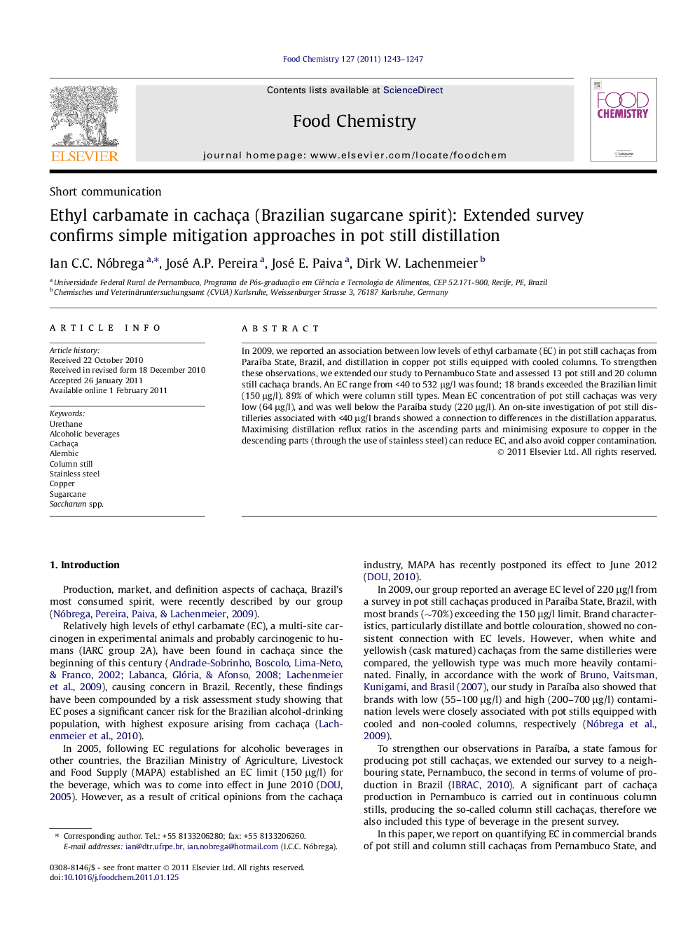 Ethyl carbamate in cachaça (Brazilian sugarcane spirit): Extended survey confirms simple mitigation approaches in pot still distillation