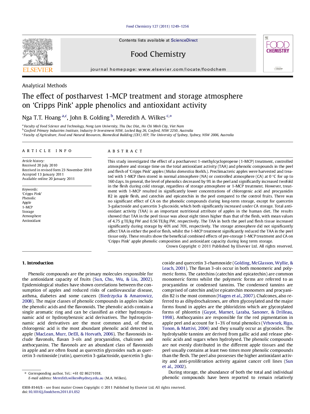 The effect of postharvest 1-MCP treatment and storage atmosphere on 'Cripps Pink' apple phenolics and antioxidant activity