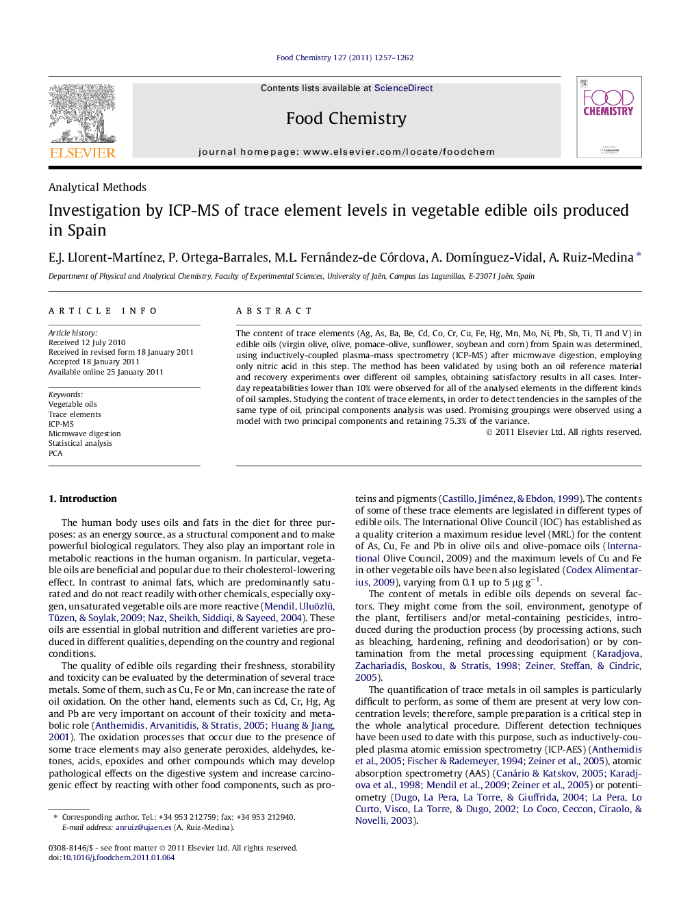 Investigation by ICP-MS of trace element levels in vegetable edible oils produced in Spain