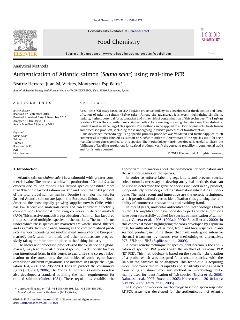 Authentication of Atlantic salmon (Salmo salar) using real-time PCR