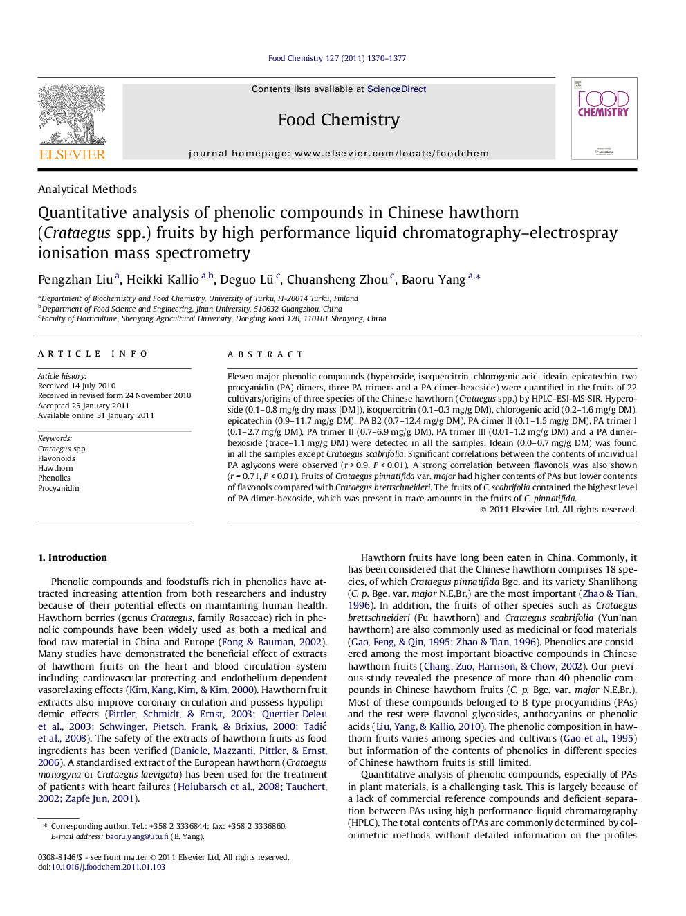 Quantitative analysis of phenolic compounds in Chinese hawthorn (Crataegus spp.) fruits by high performance liquid chromatography-electrospray ionisation mass spectrometry