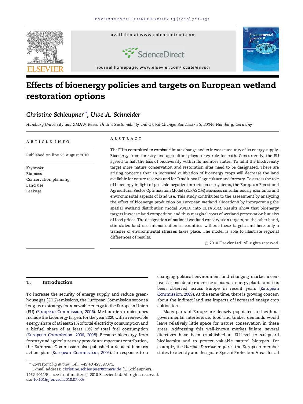 Effects of bioenergy policies and targets on European wetland restoration options