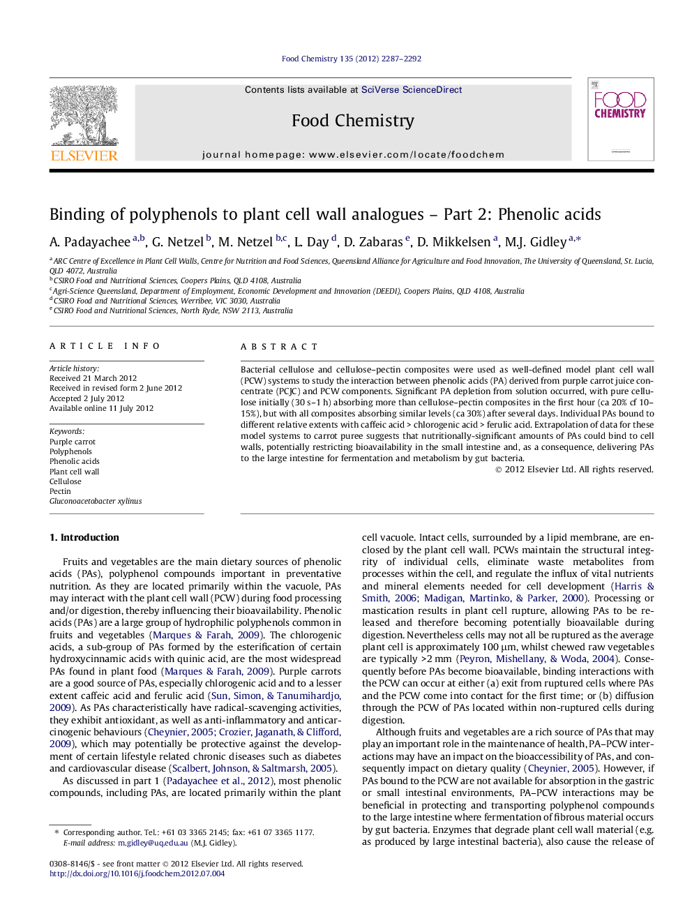 Binding of polyphenols to plant cell wall analogues - Part 2: Phenolic acids