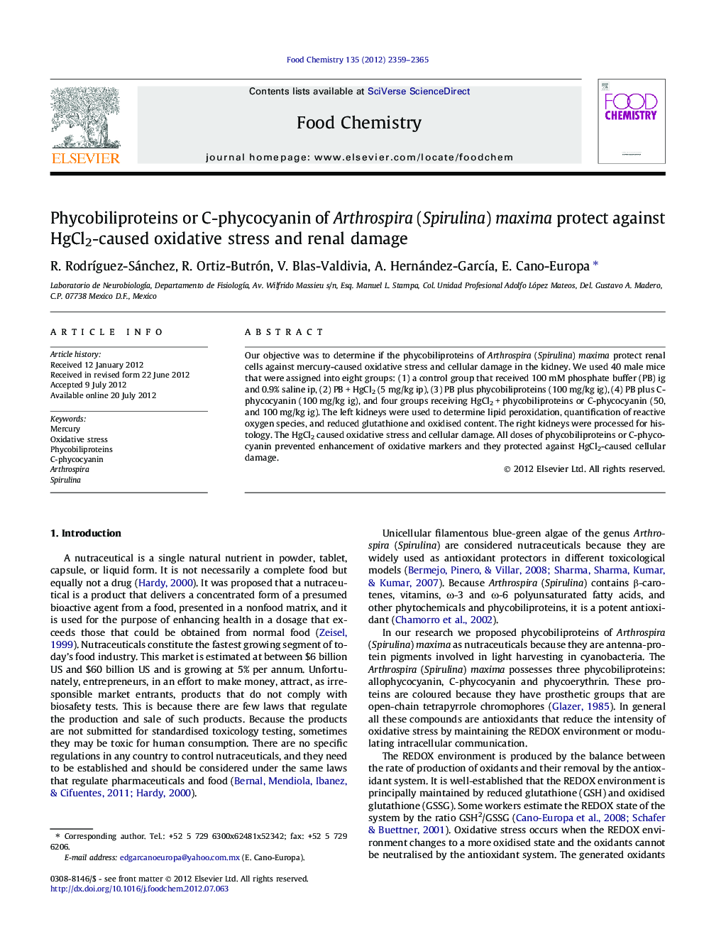 Phycobiliproteins or C-phycocyanin of Arthrospira (Spirulina) maxima protect against HgCl2-caused oxidative stress and renal damage