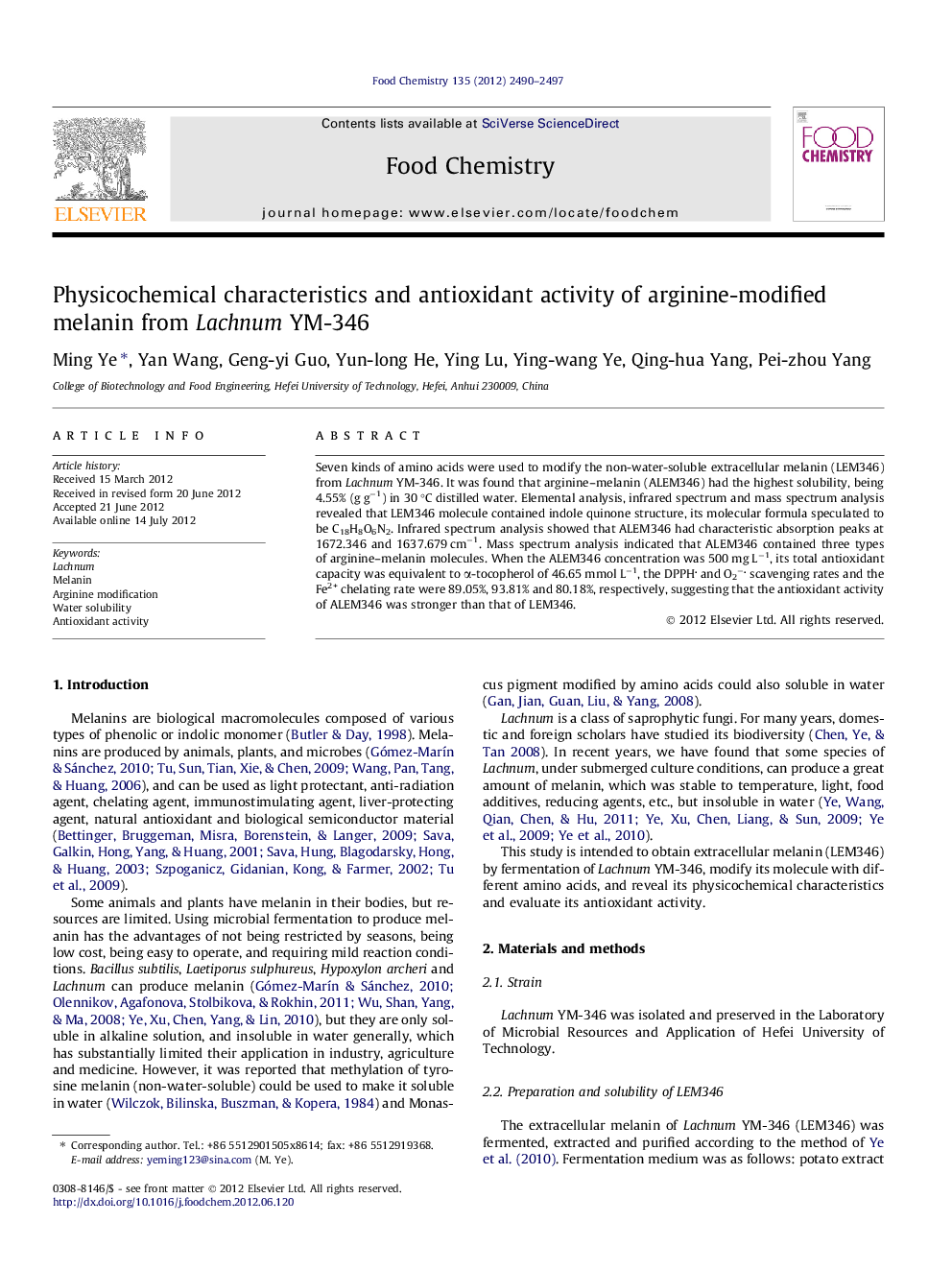 Physicochemical characteristics and antioxidant activity of arginine-modified melanin from Lachnum YM-346