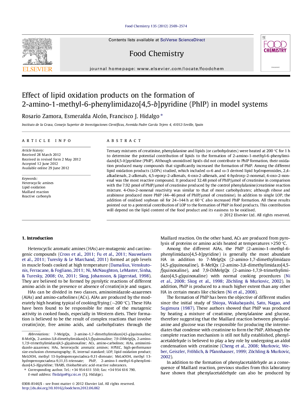 Effect of lipid oxidation products on the formation of 2-amino-1-methyl-6-phenylimidazo[4,5-b]pyridine (PhIP) in model systems