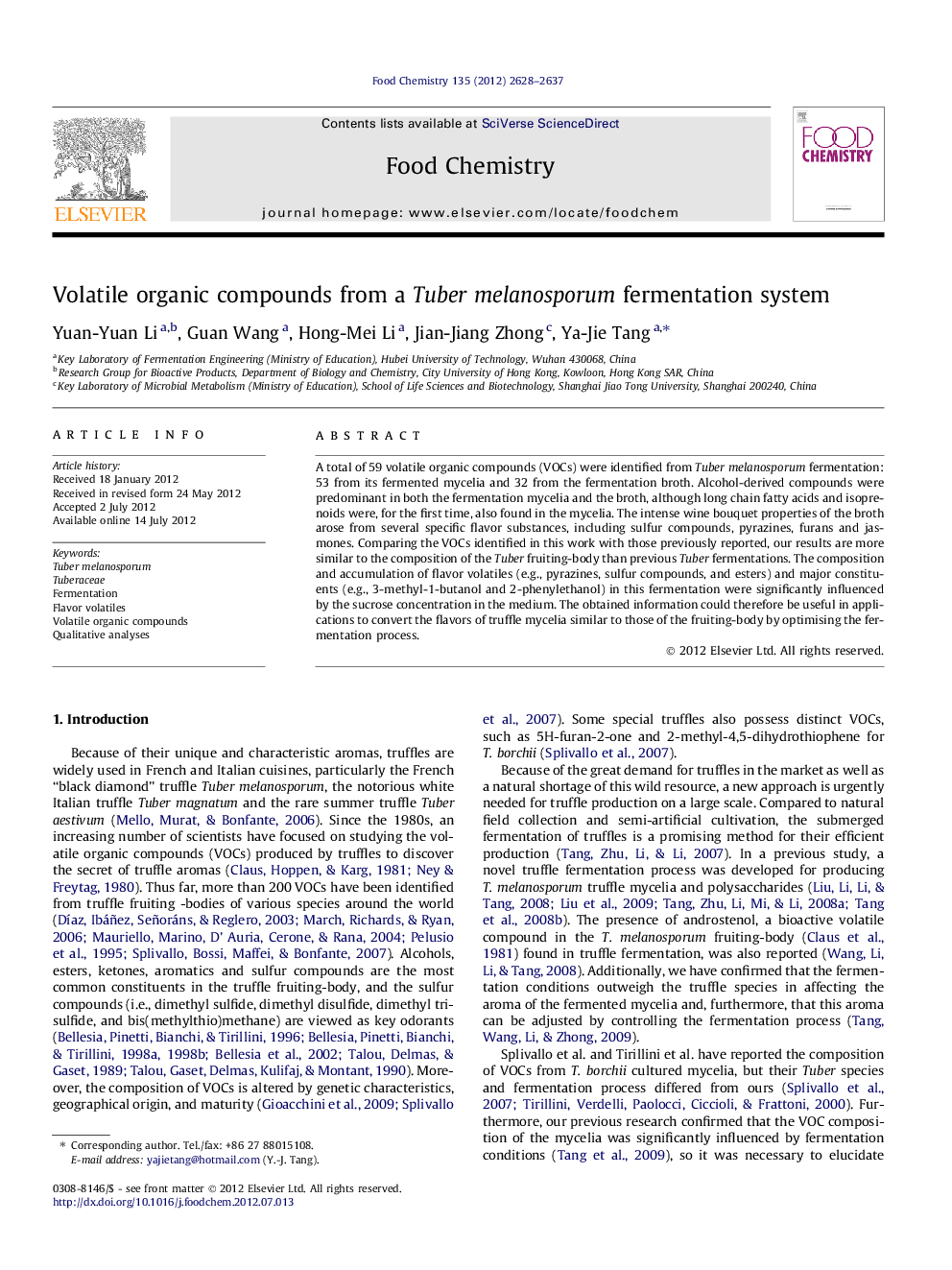 Volatile organic compounds from a Tuber melanosporum fermentation system