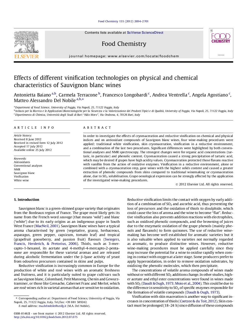 Effects of different vinification technologies on physical and chemical characteristics of Sauvignon blanc wines