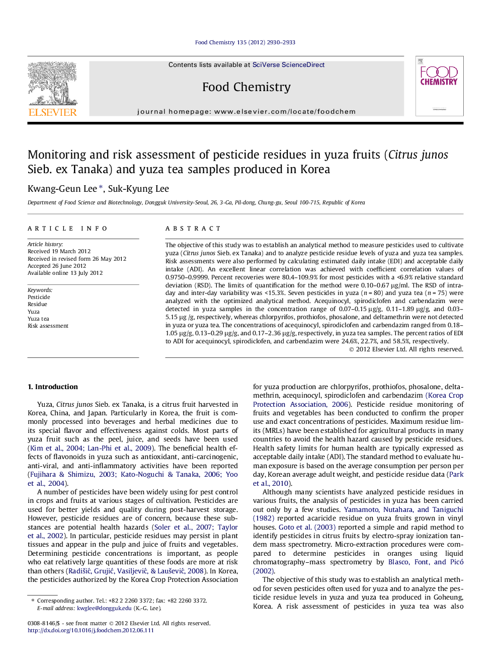 Monitoring and risk assessment of pesticide residues in yuza fruits (Citrus junos Sieb. ex Tanaka) and yuza tea samples produced in Korea