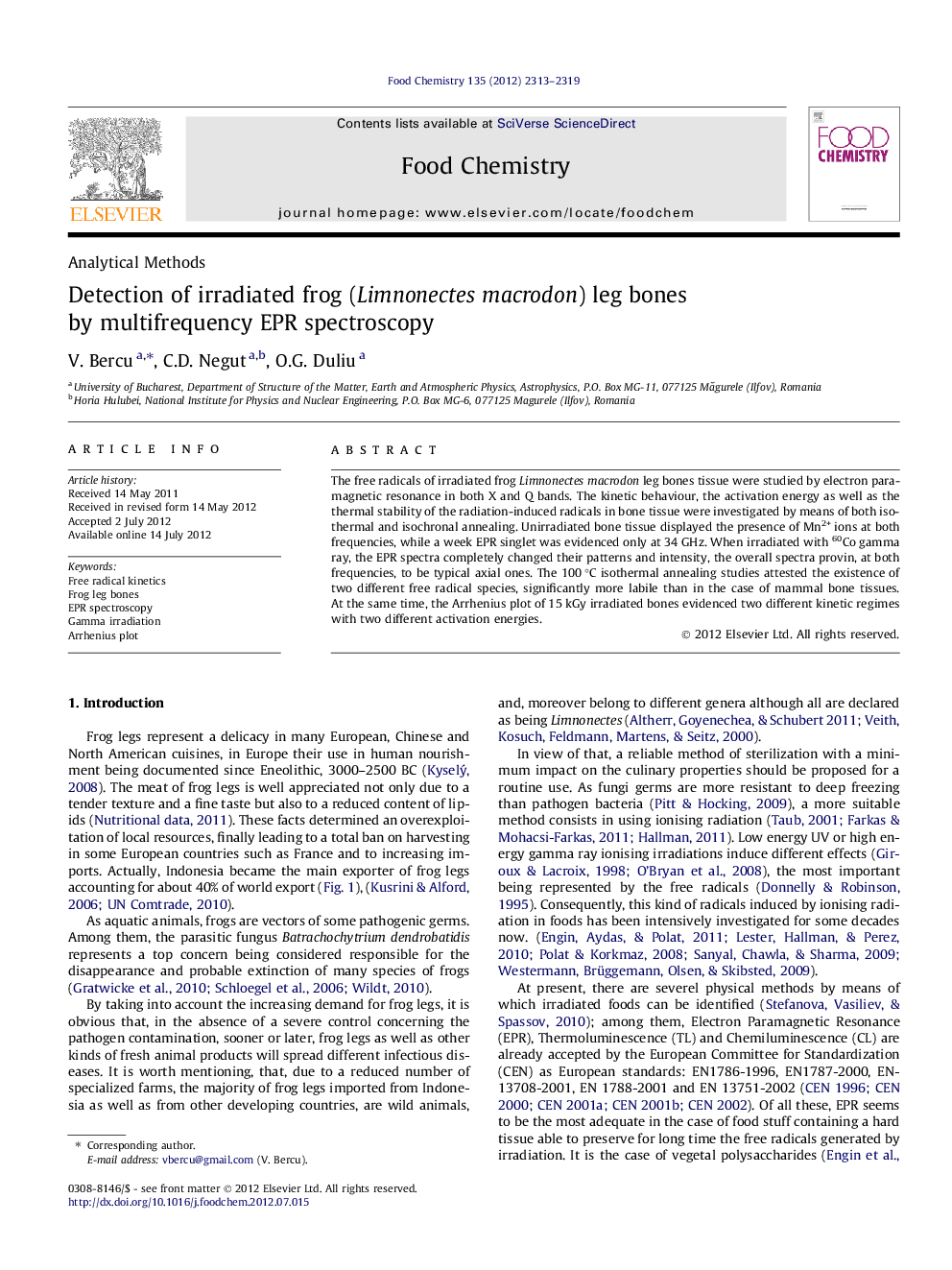 Detection of irradiated frog (Limnonectes macrodon) leg bones by multifrequency EPR spectroscopy