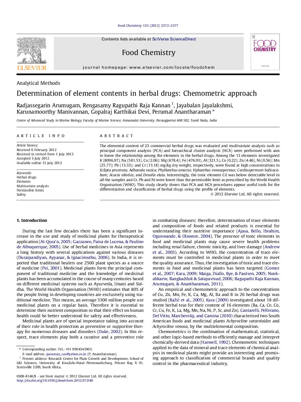 Determination of element contents in herbal drugs: Chemometric approach