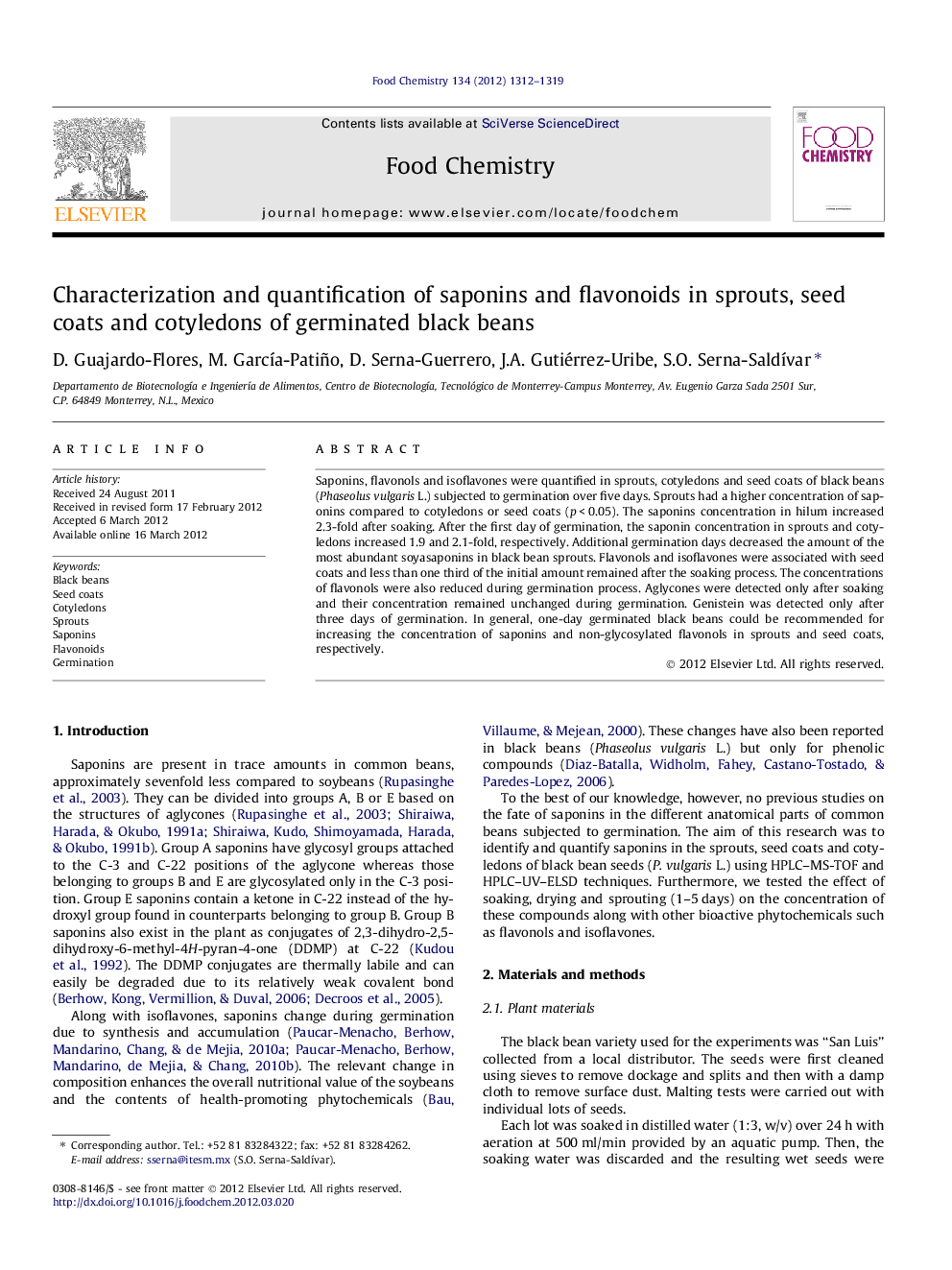 Characterization and quantification of saponins and flavonoids in sprouts, seed coats and cotyledons of germinated black beans