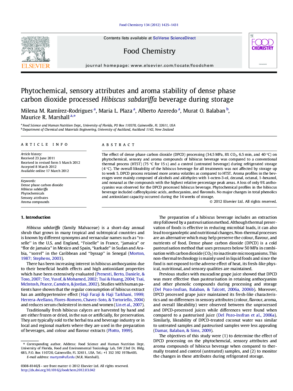 Phytochemical, sensory attributes and aroma stability of dense phase carbon dioxide processed Hibiscus sabdariffa beverage during storage