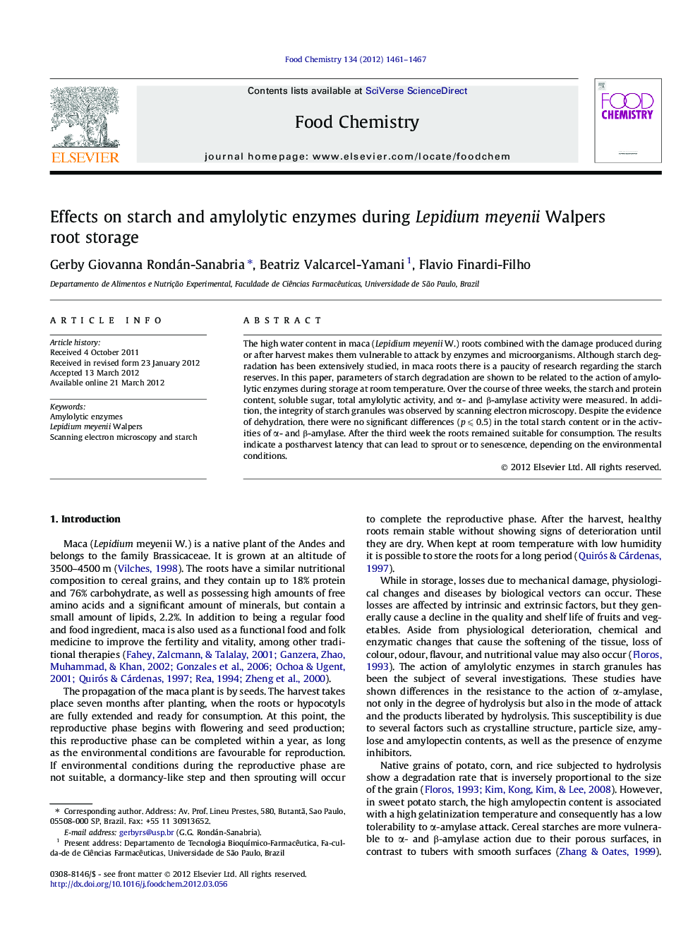 Effects on starch and amylolytic enzymes during Lepidium meyenii Walpers root storage