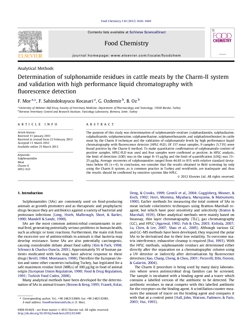 Determination of sulphonamide residues in cattle meats by the Charm-II system and validation with high performance liquid chromatography with fluorescence detection