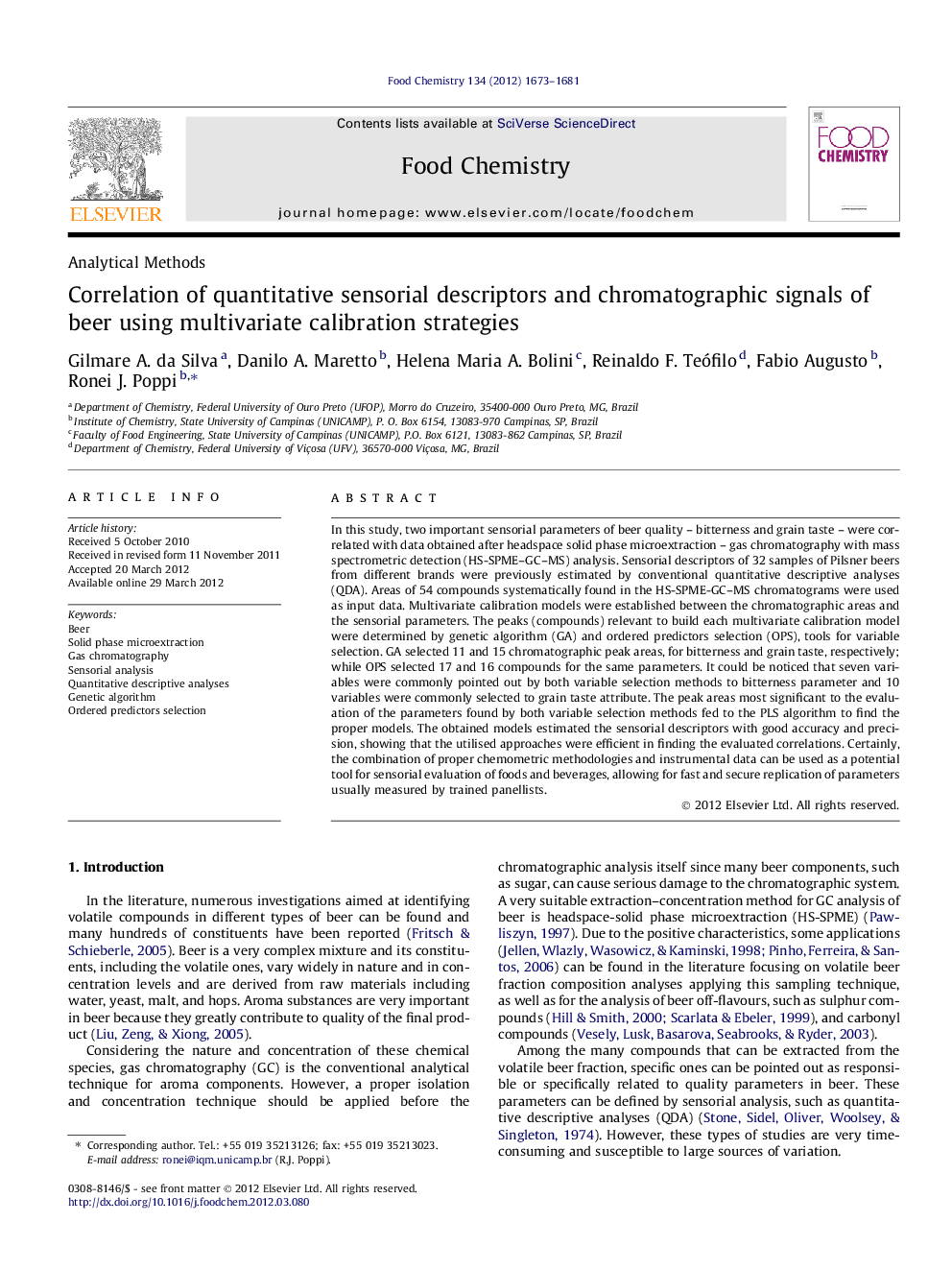 Correlation of quantitative sensorial descriptors and chromatographic signals of beer using multivariate calibration strategies