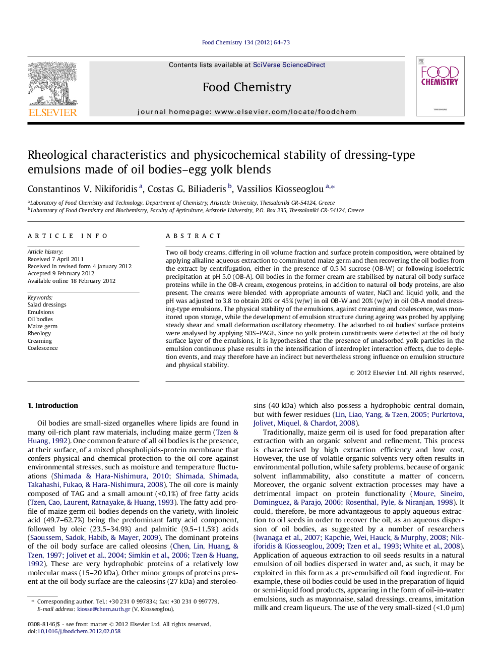 عکس صفحه اول مقاله: Rheological characteristics and physicochemical stability of dressing-type emulsions made of oil bodies-egg yolk blends Rheological characteristics and physicochemical stability of dressing-type emulsions made of oil bodies-egg yolk blends