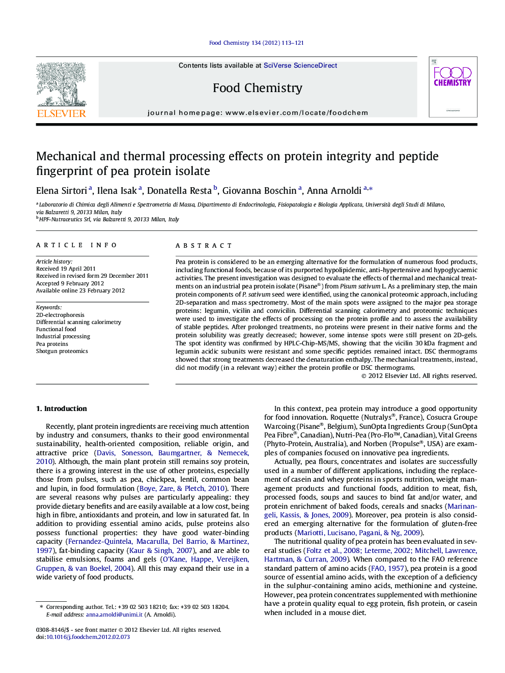 Mechanical and thermal processing effects on protein integrity and peptide fingerprint of pea protein isolate