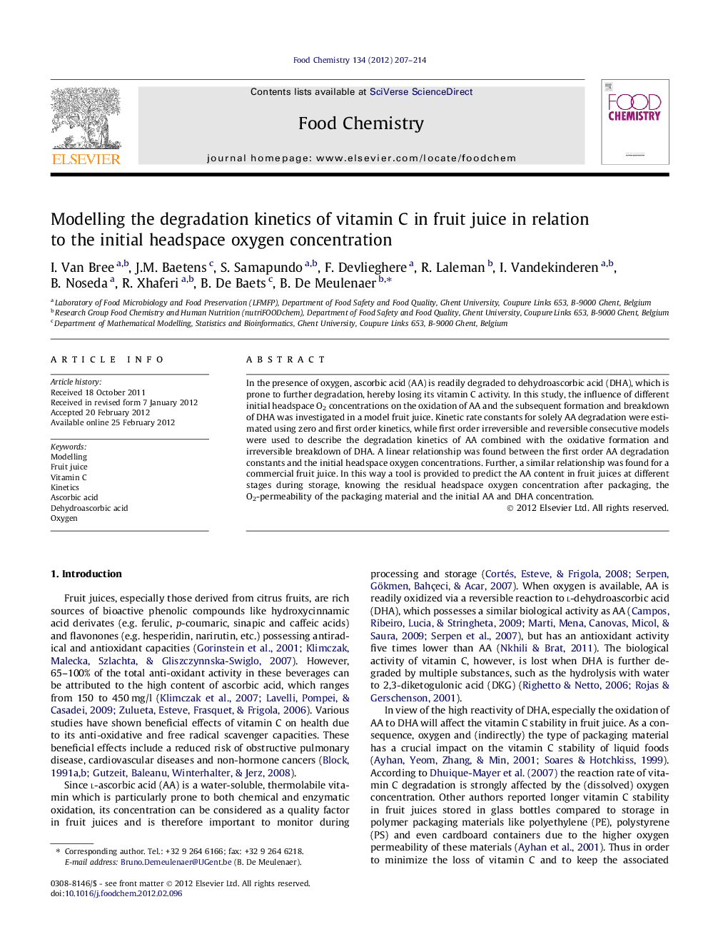 Modelling the degradation kinetics of vitamin C in fruit juice in relation to the initial headspace oxygen concentration