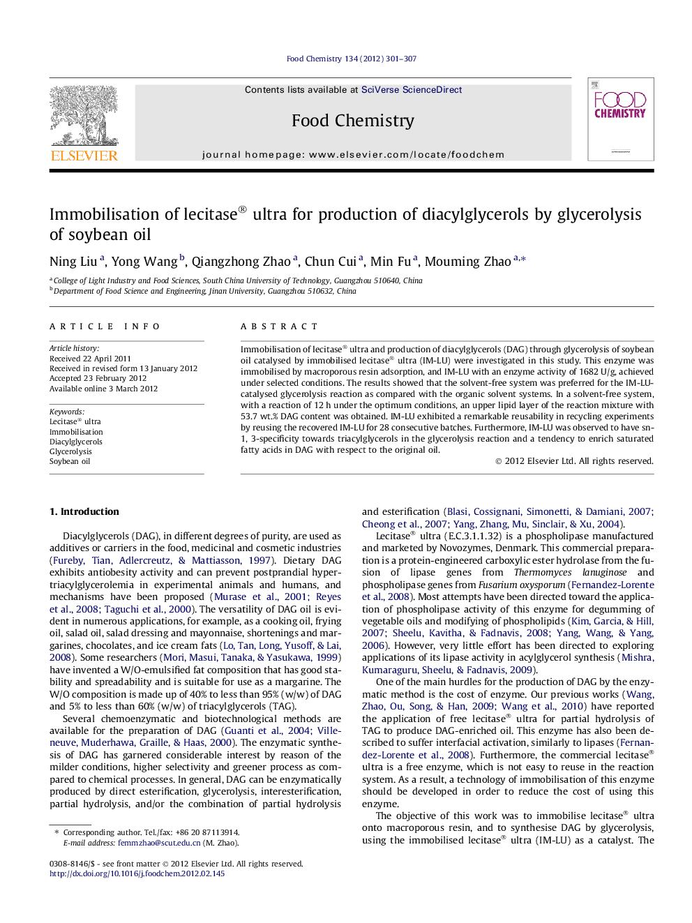 Immobilisation of lecitase® ultra for production of diacylglycerols by glycerolysis of soybean oil