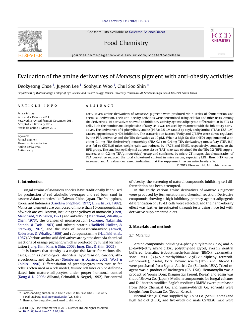 Evaluation of the amine derivatives of Monascus pigment with anti-obesity activities