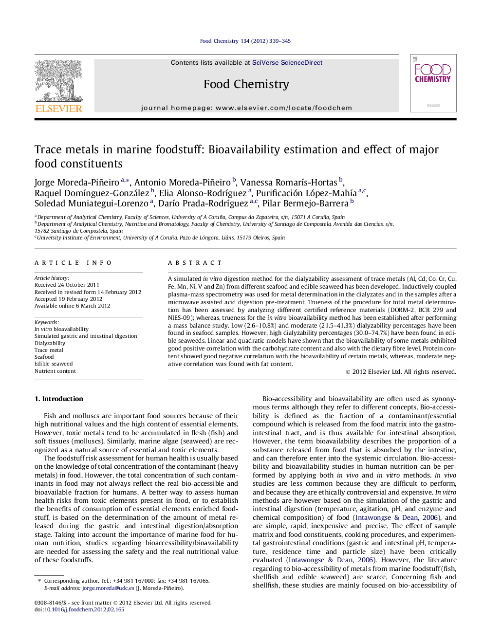 عکس صفحه اول مقاله: Trace metals in marine foodstuff: Bioavailability estimation and effect of major food constituents Trace metals in marine foodstuff: Bioavailability estimation and effect of major food constituents