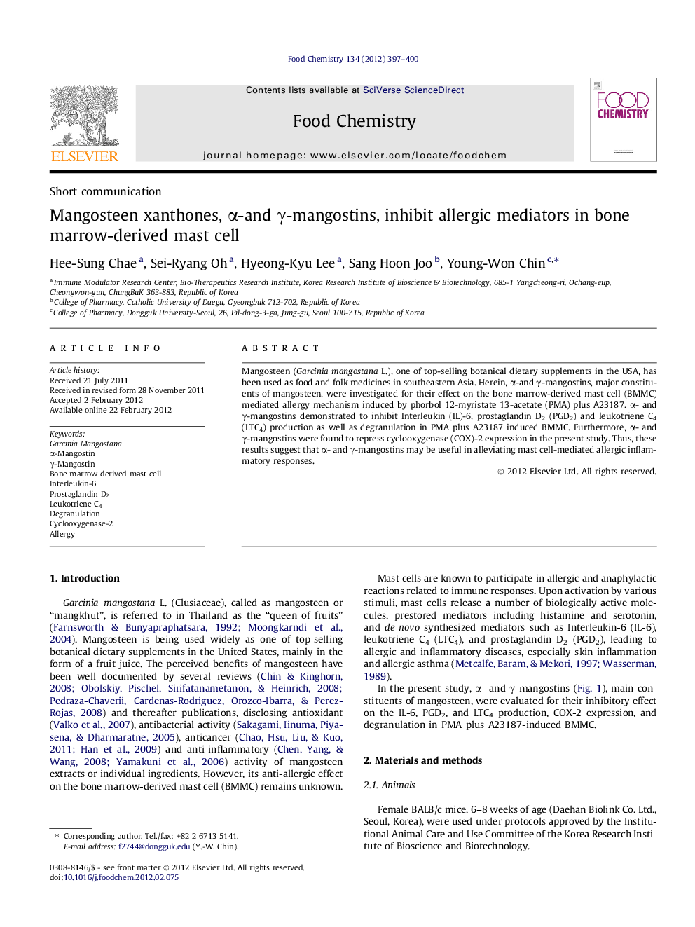 Mangosteen xanthones, Î±-and Î³-mangostins, inhibit allergic mediators in bone marrow-derived mast cell