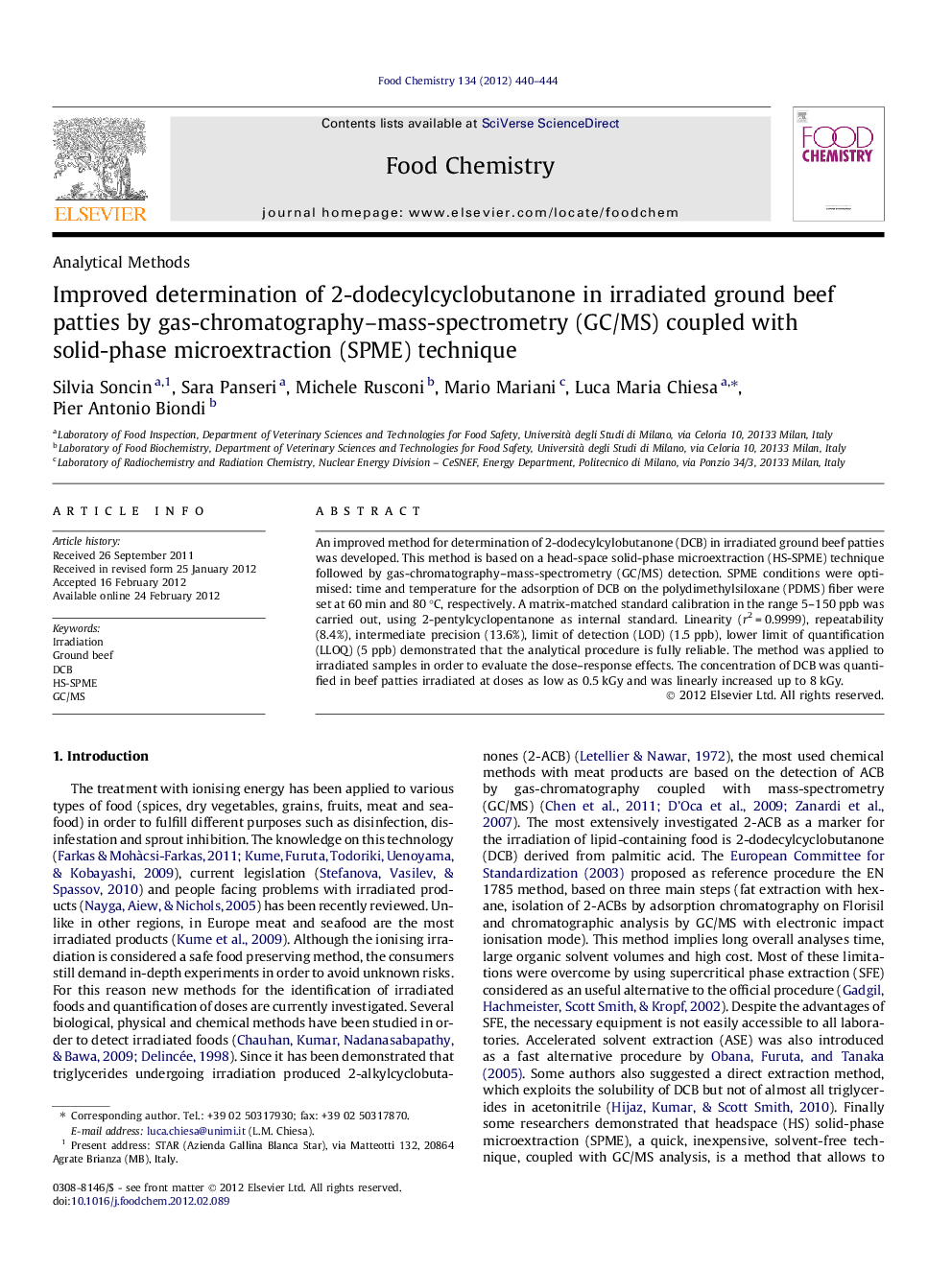 Improved determination of 2-dodecylcyclobutanone in irradiated ground beef patties by gas-chromatography-mass-spectrometry (GC/MS) coupled with solid-phase microextraction (SPME) technique