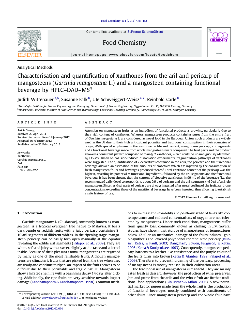 Characterisation and quantification of xanthones from the aril and pericarp of mangosteens (Garcinia mangostana L.) and a mangosteen containing functional beverage by HPLC-DAD-MSn