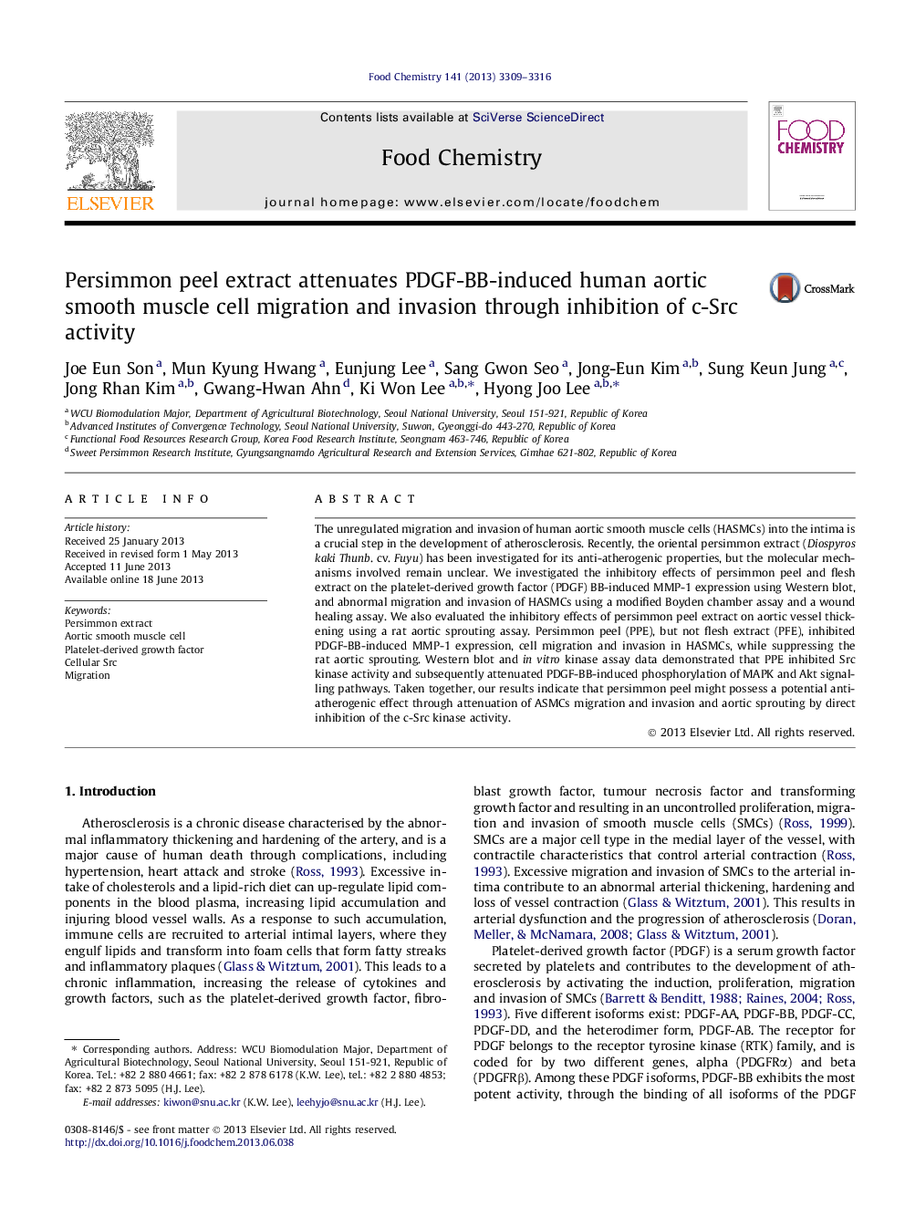 Persimmon peel extract attenuates PDGF-BB-induced human aortic smooth muscle cell migration and invasion through inhibition of c-Src activity