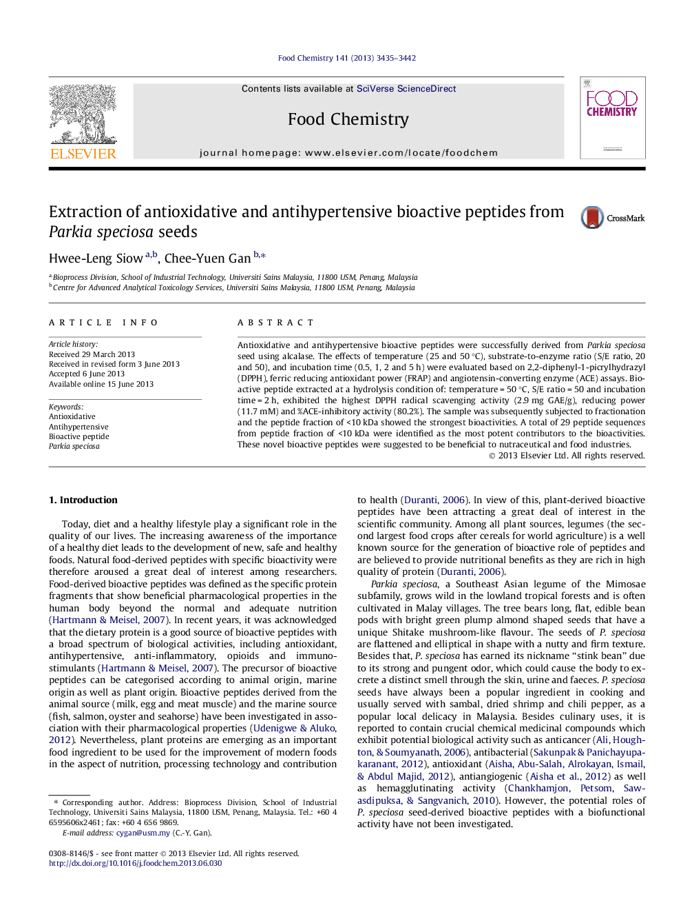 Extraction of antioxidative and antihypertensive bioactive peptides from Parkia speciosa seeds