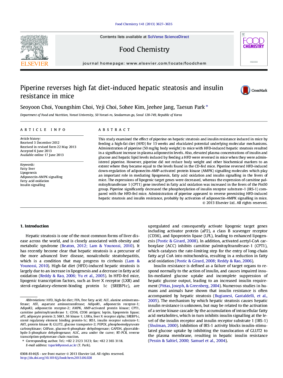 Piperine reverses high fat diet-induced hepatic steatosis and insulin resistance in mice