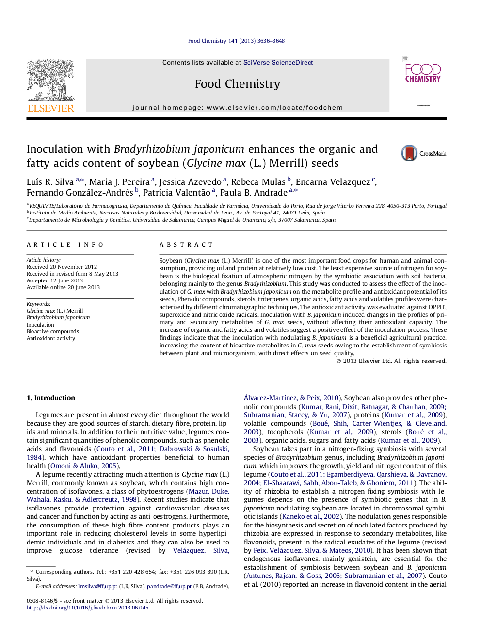 Inoculation with Bradyrhizobium japonicum enhances the organic and fatty acids content of soybean (Glycine max (L.) Merrill) seeds