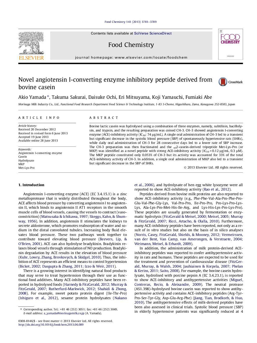 Novel angiotensin I-converting enzyme inhibitory peptide derived from bovine casein