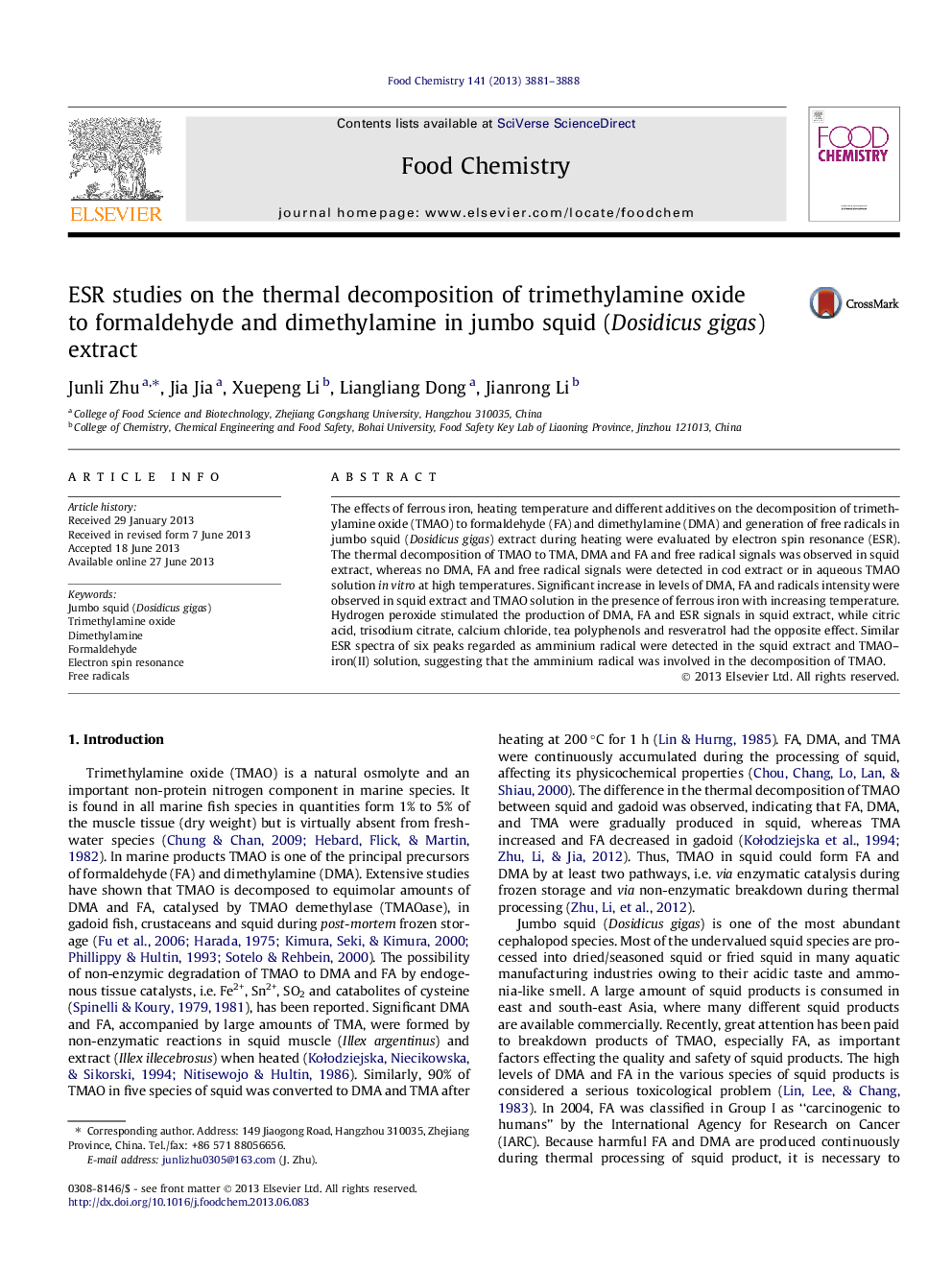 ESR studies on the thermal decomposition of trimethylamine oxide to formaldehyde and dimethylamine in jumbo squid (Dosidicus gigas) extract