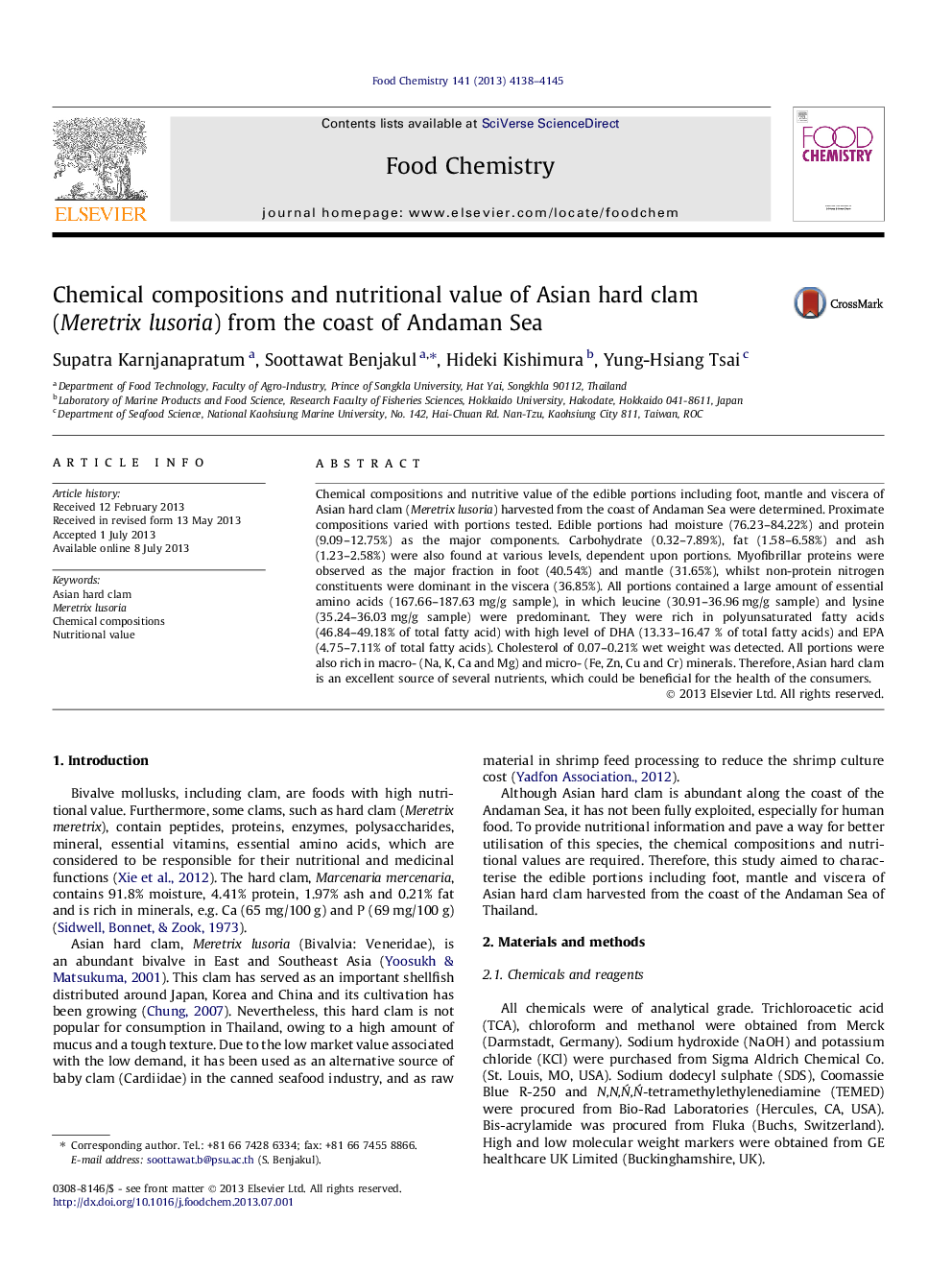 Chemical compositions and nutritional value of Asian hard clam (Meretrix lusoria) from the coast of Andaman Sea