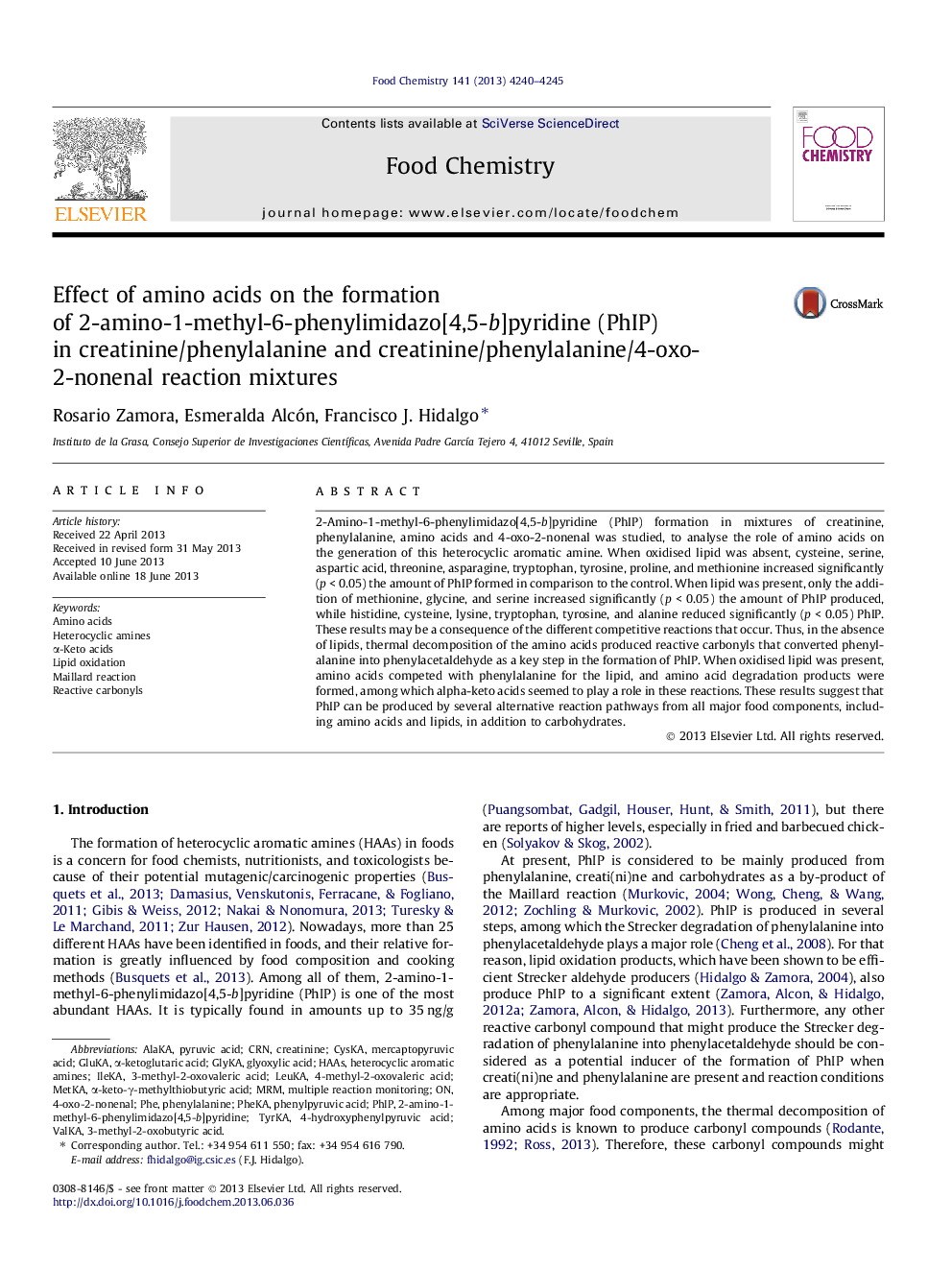 Effect of amino acids on the formation of 2-amino-1-methyl-6-phenylimidazo[4,5-b]pyridine (PhIP) in creatinine/phenylalanine and creatinine/phenylalanine/4-oxo-2-nonenal reaction mixtures