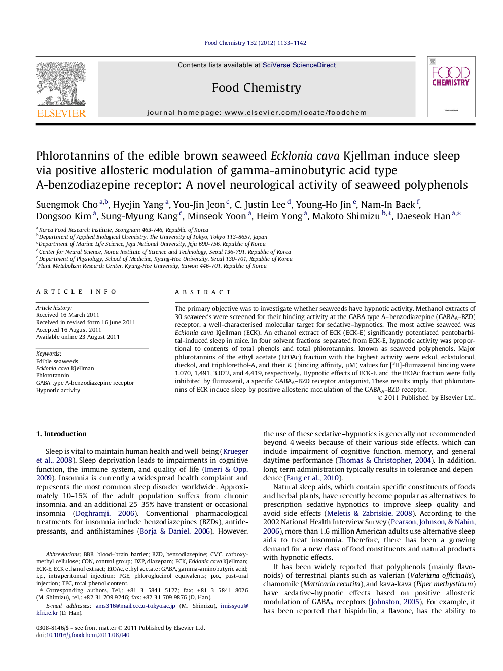 Phlorotannins of the edible brown seaweed Ecklonia cava Kjellman induce sleep via positive allosteric modulation of gamma-aminobutyric acid type A-benzodiazepine receptor: A novel neurological activity of seaweed polyphenols