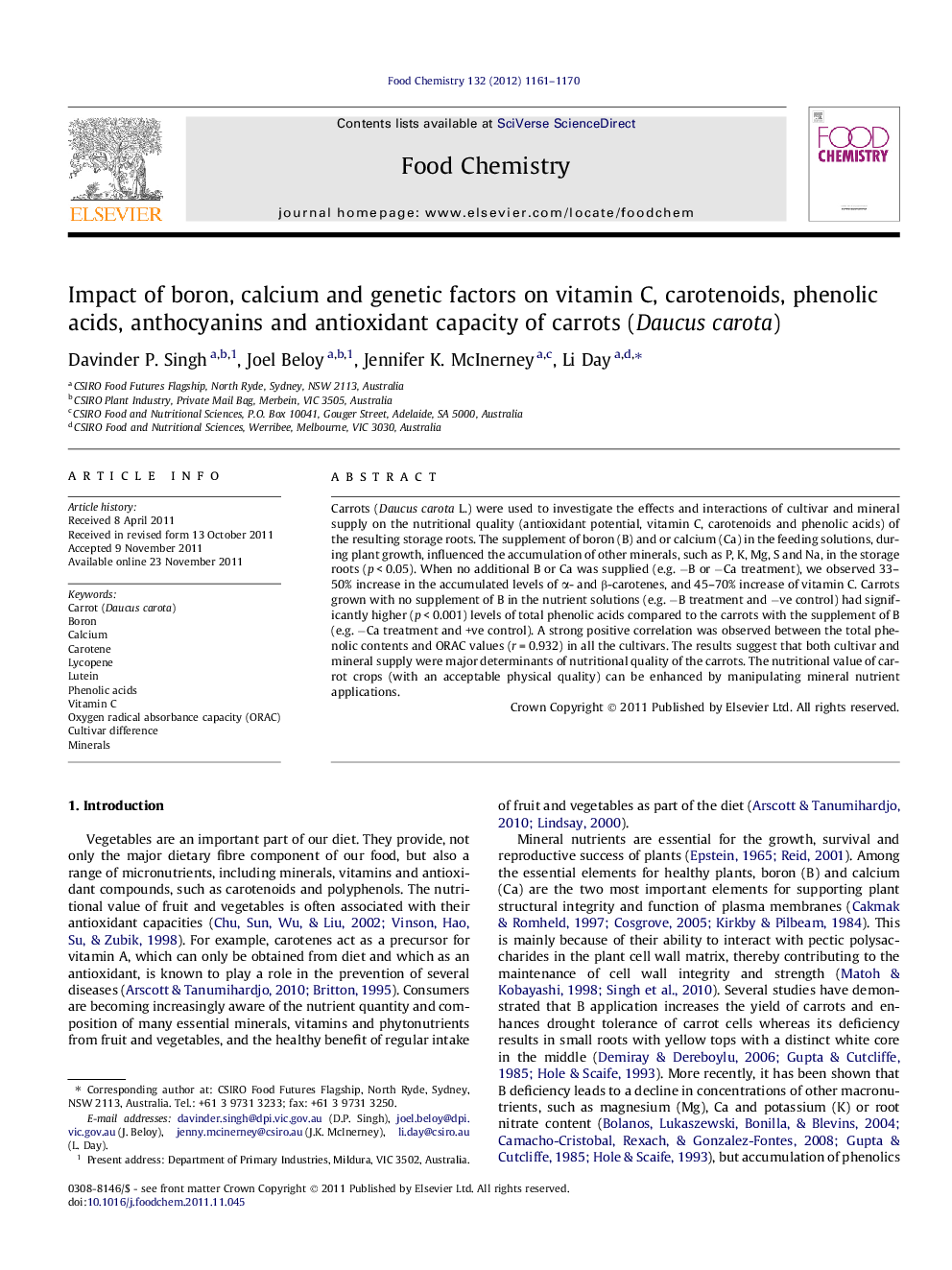 Impact of boron, calcium and genetic factors on vitamin C, carotenoids, phenolic acids, anthocyanins and antioxidant capacity of carrots (Daucus carota)