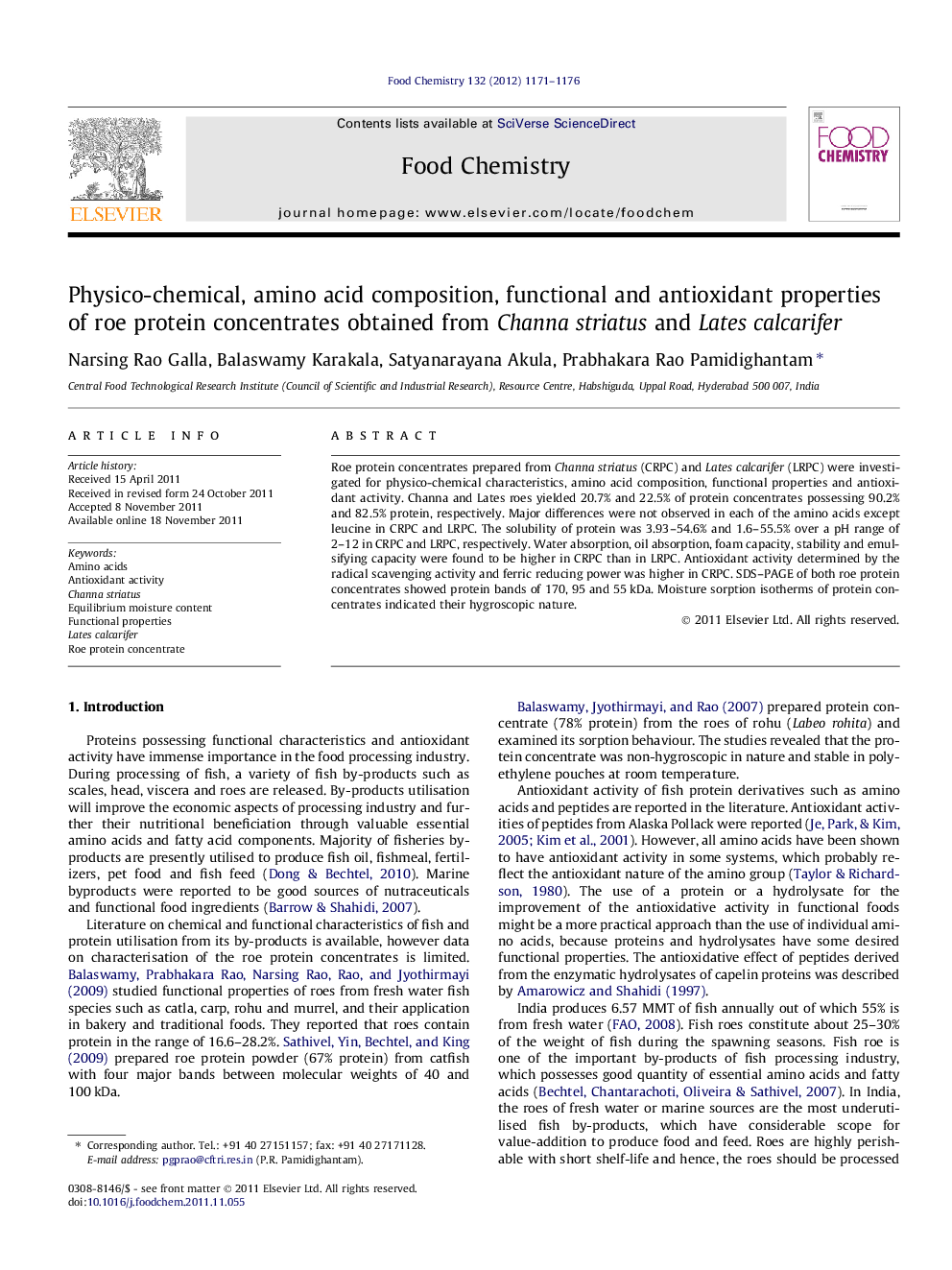 Physico-chemical, amino acid composition, functional and antioxidant properties of roe protein concentrates obtained from Channa striatus and Lates calcarifer