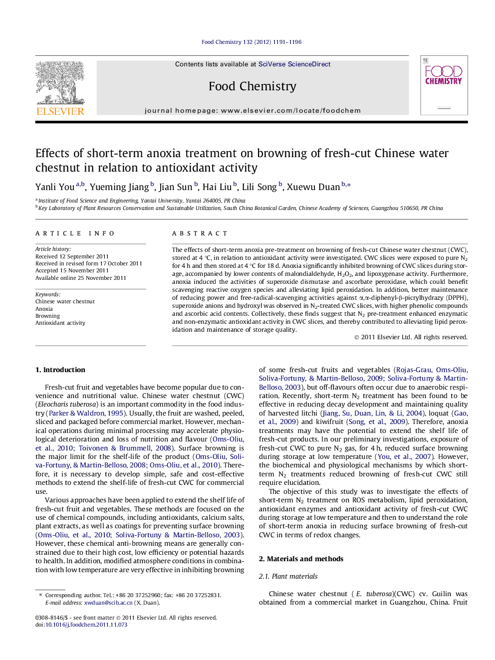 Effects of short-term anoxia treatment on browning of fresh-cut Chinese water chestnut in relation to antioxidant activity