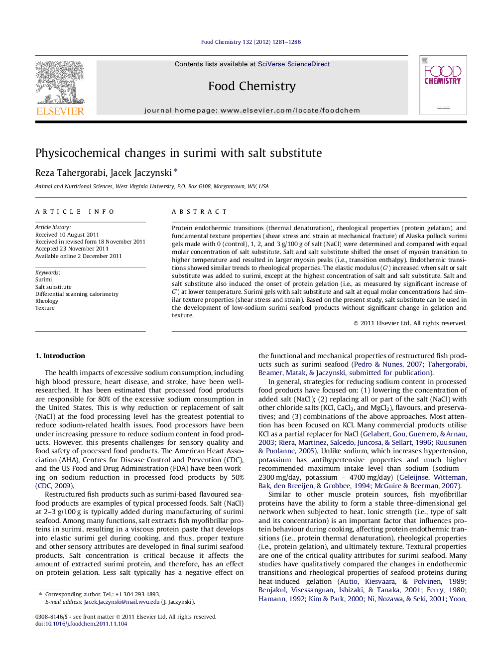 Physicochemical changes in surimi with salt substitute