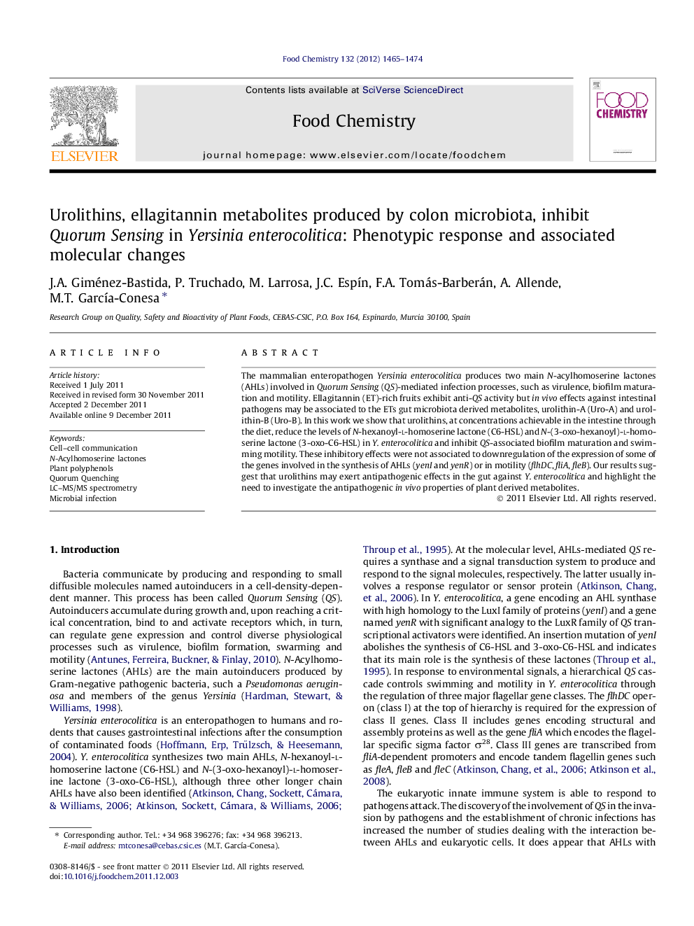 Urolithins, ellagitannin metabolites produced by colon microbiota, inhibit Quorum Sensing in Yersinia enterocolitica: Phenotypic response and associated molecular changes