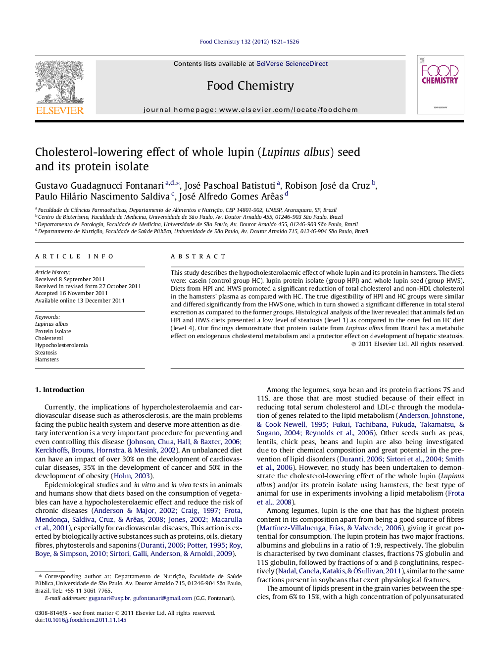 Cholesterol-lowering effect of whole lupin (Lupinus albus) seed and its protein isolate