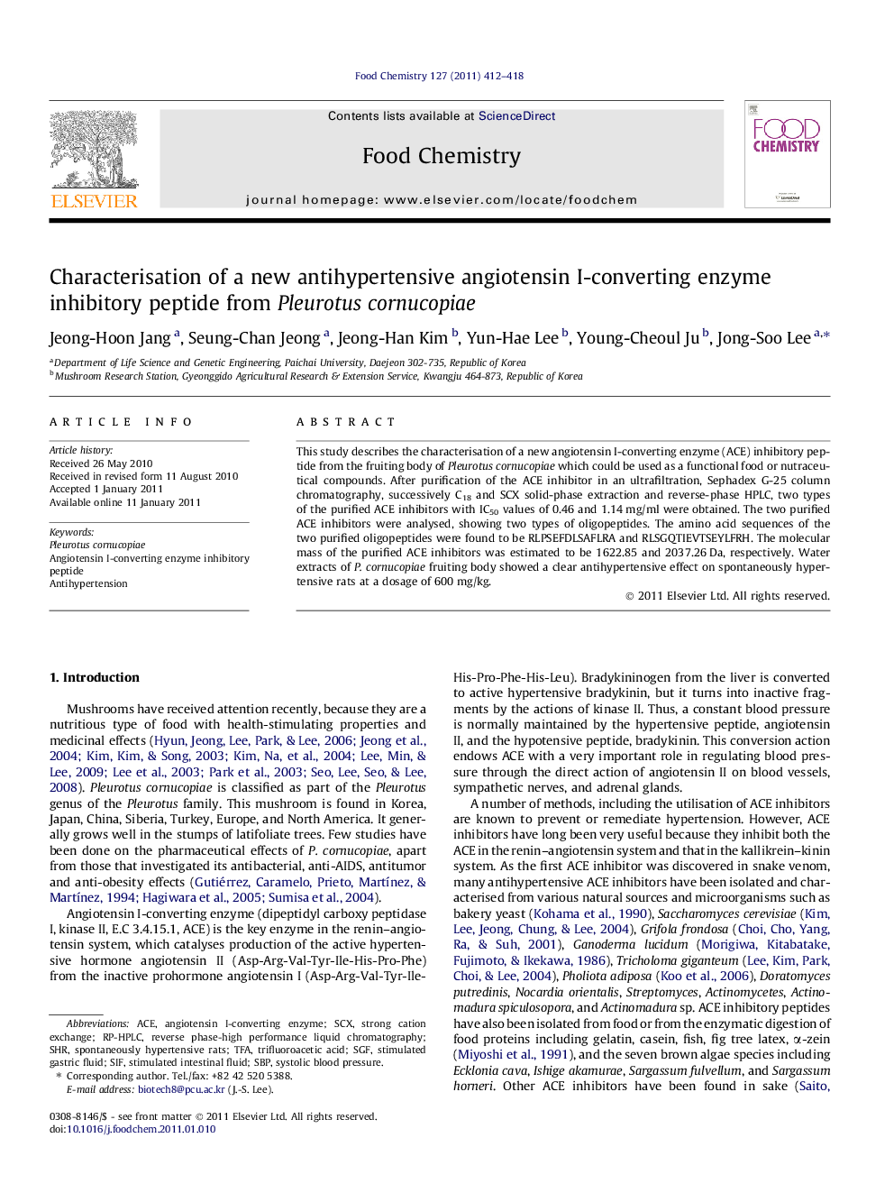 Characterisation of a new antihypertensive angiotensin I-converting enzyme inhibitory peptide from Pleurotus cornucopiae