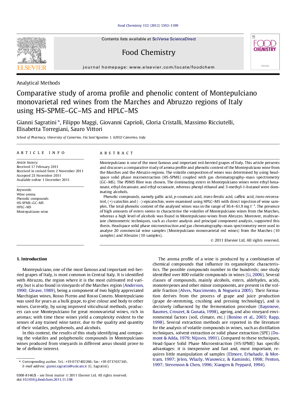 Comparative study of aroma profile and phenolic content of Montepulciano monovarietal red wines from the Marches and Abruzzo regions of Italy using HS-SPME-GC-MS and HPLC-MS