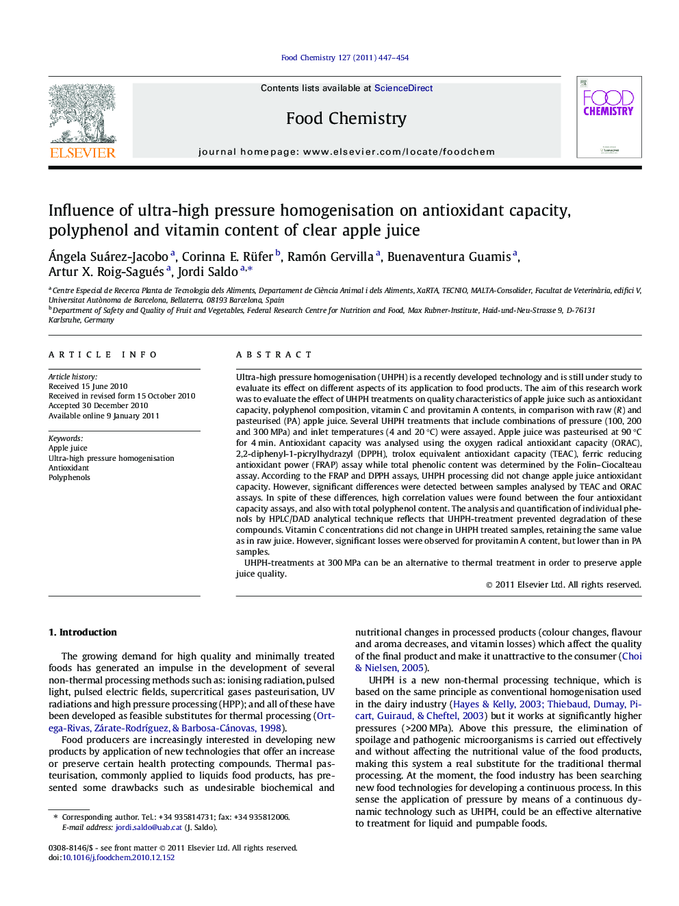 Influence of ultra-high pressure homogenisation on antioxidant capacity, polyphenol and vitamin content of clear apple juice