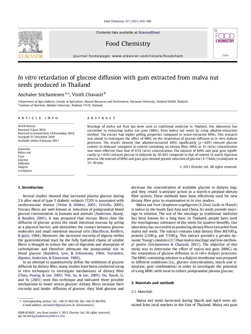 In vitro retardation of glucose diffusion with gum extracted from malva nut seeds produced in Thailand