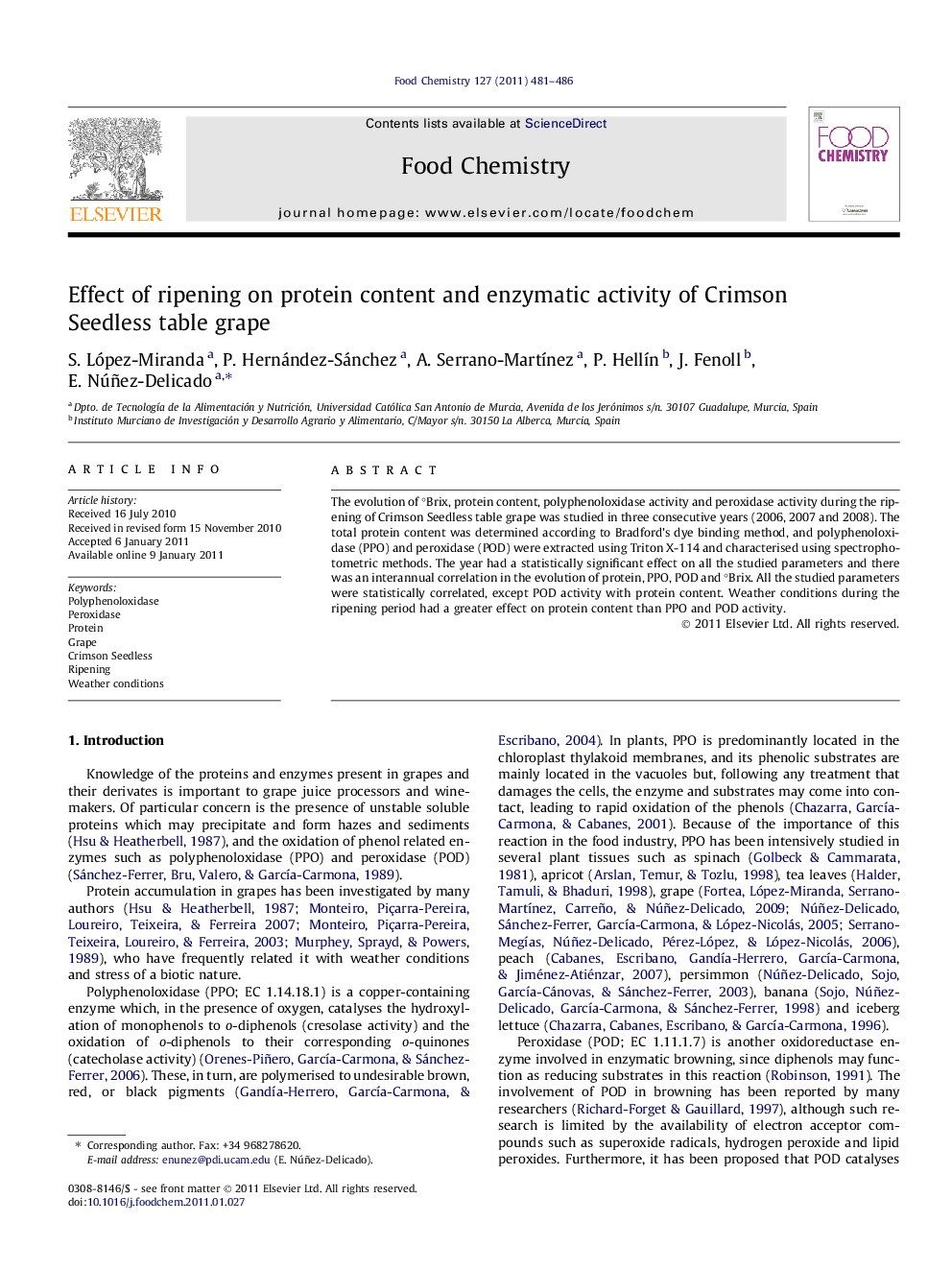 Effect of ripening on protein content and enzymatic activity of Crimson Seedless table grape